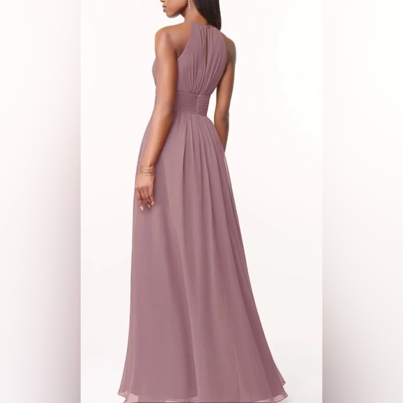 Azazie “Bonnie” chiffon A-line bridesmaid long dress, S halter neckline ruched - Picture 2 of 15